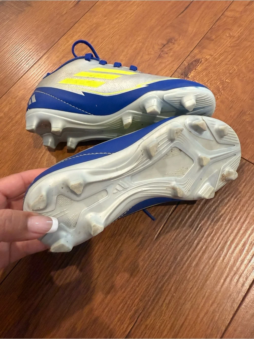adidas Kids Blue Silver Soccer Cleats with Neon Yellow Accents